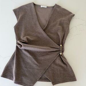 Zara Brown Wrap-Style Sleeveless Top with Gold Accent